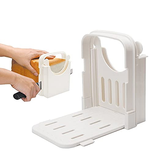 Bread Slicer for Homemade Bread Adjustable Folding 4 Thickness Size Foldable Loaf Cutter Machine Bagel Toast Slicing Sandwich Maker (A- White)