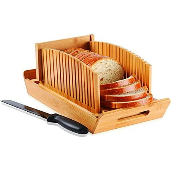 Bread Slicer for Homemade Bread, Bamboo Loaf Cutter with Knife and Crumb Catcher, Adjustable Foldable and Compact Cutting Guide 3 Size Slicing Guide