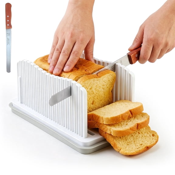 Bread Slicer for Homemade Bread, Foldable Adjustable Cutter Guide with Crumb Tray for Bagels, Cakes and Baked Treats