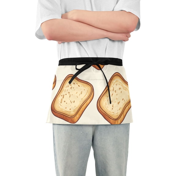 Bread Slices Cartoon Waist Apron Adjustable Server Half Apron Kitchen Cooking with 3 Pockets for Men Women