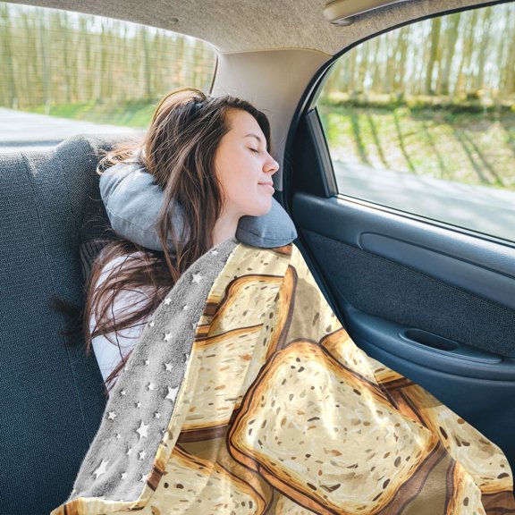 Bread Slices Travel Blanket Pillow Compact Foldable Airplane Throw Blanket with Trolley Sleeve for Travel Camping