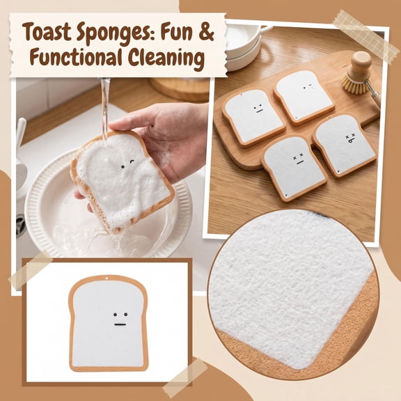 Bread Sponges Creative Toast Shaped Pop-Up Compostable Sponges Dual Sided Kitchen Home Scrubber Pad Reusable Non Scratch Household Funny Cleaning Tool Absorbent Dish Friendly B