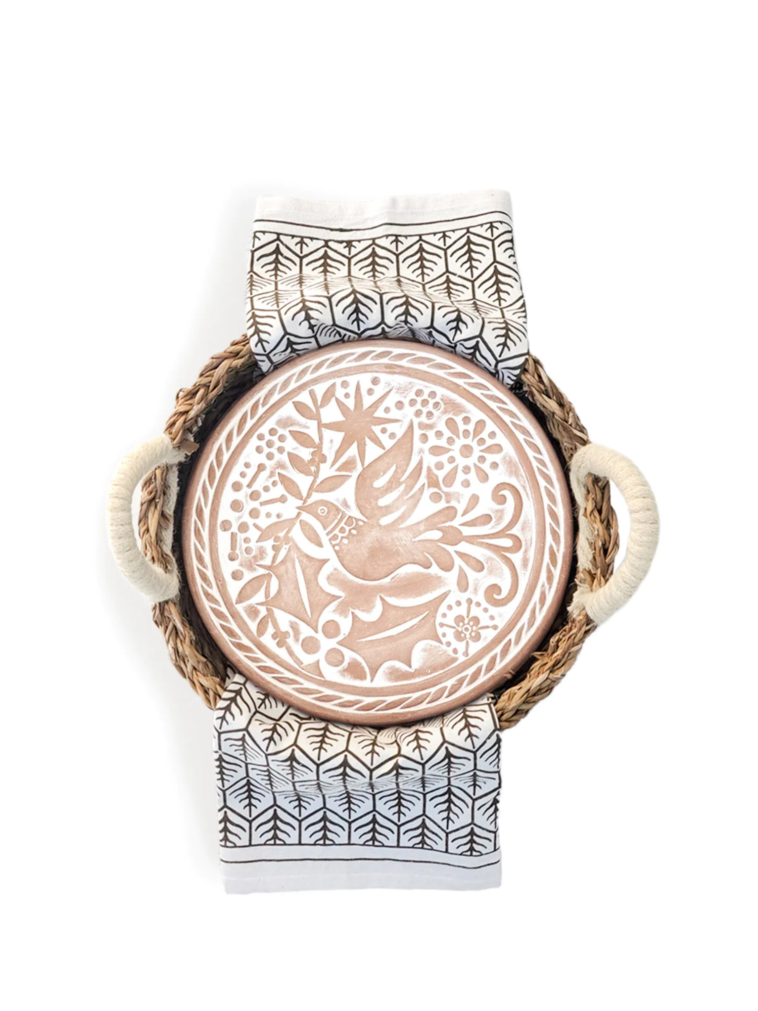 Bread Warmer Basket Gift Set with Tea Towel Bird Round