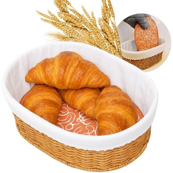 Bread Warmer Basket with Stone - Bread Baskets for Serving Rolls Warming Tortilla, Gift for Bakers
