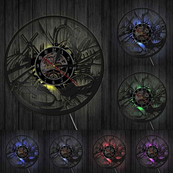 Bread Wheat Wall Art Wall Clock Bakery Sign Wall Decor Pastry Vinyl Record Wall Clock Kitchen Decorative Clock Modern Design With LED