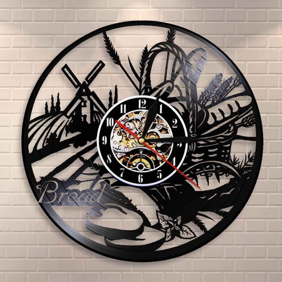 Bread Wheat Wall Art Wall Clock Bakery Sign Wall Decor Pastry Vinyl Record Wall Clock Kitchen Decorative Clock Modern Design