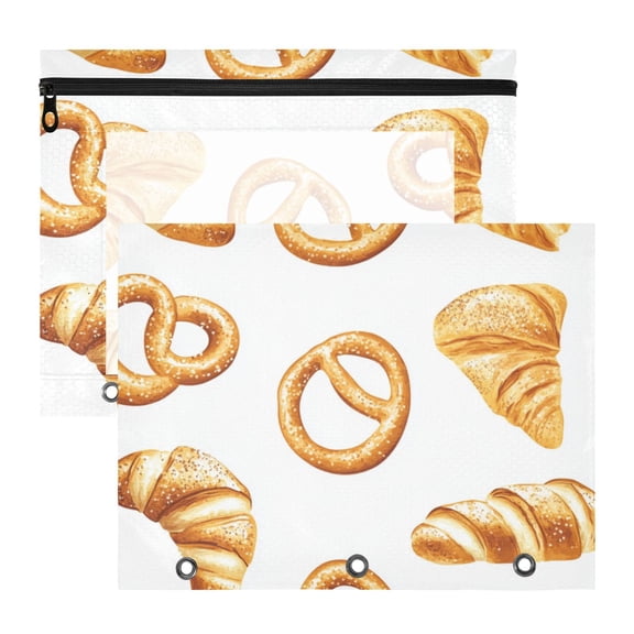 Bread and Pretzel Cute 3-Ring Binder Pouches A4 Size Zipper Pocket File Storage 2 Packs