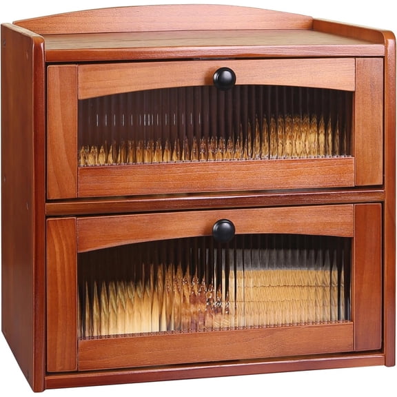 Bread box for Kitchen Countertop Double Layer Large, Solid Wooden Farmhouse Bread Storage Container with Acrylic Window, Bread Holder Organizer Bin for Homemade Bread and Pantry(Teak)
