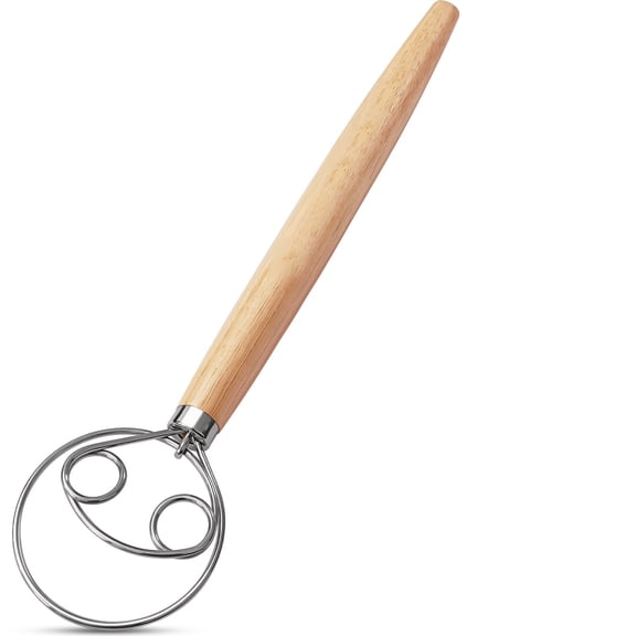 Dough whisk for bread making, heavy duty Danish mixer, perfect for sourdough, pizza dough, batter, stainless steel wire loops, wooden handle, brown