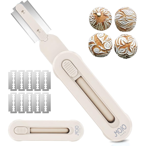 Bread lame for Dough, Magnetic & Reusable Lame Dough Scoring Tool, Anti-Slip Handle with Long Retractable Razor blades, Sourdough tool Making(Off-white)