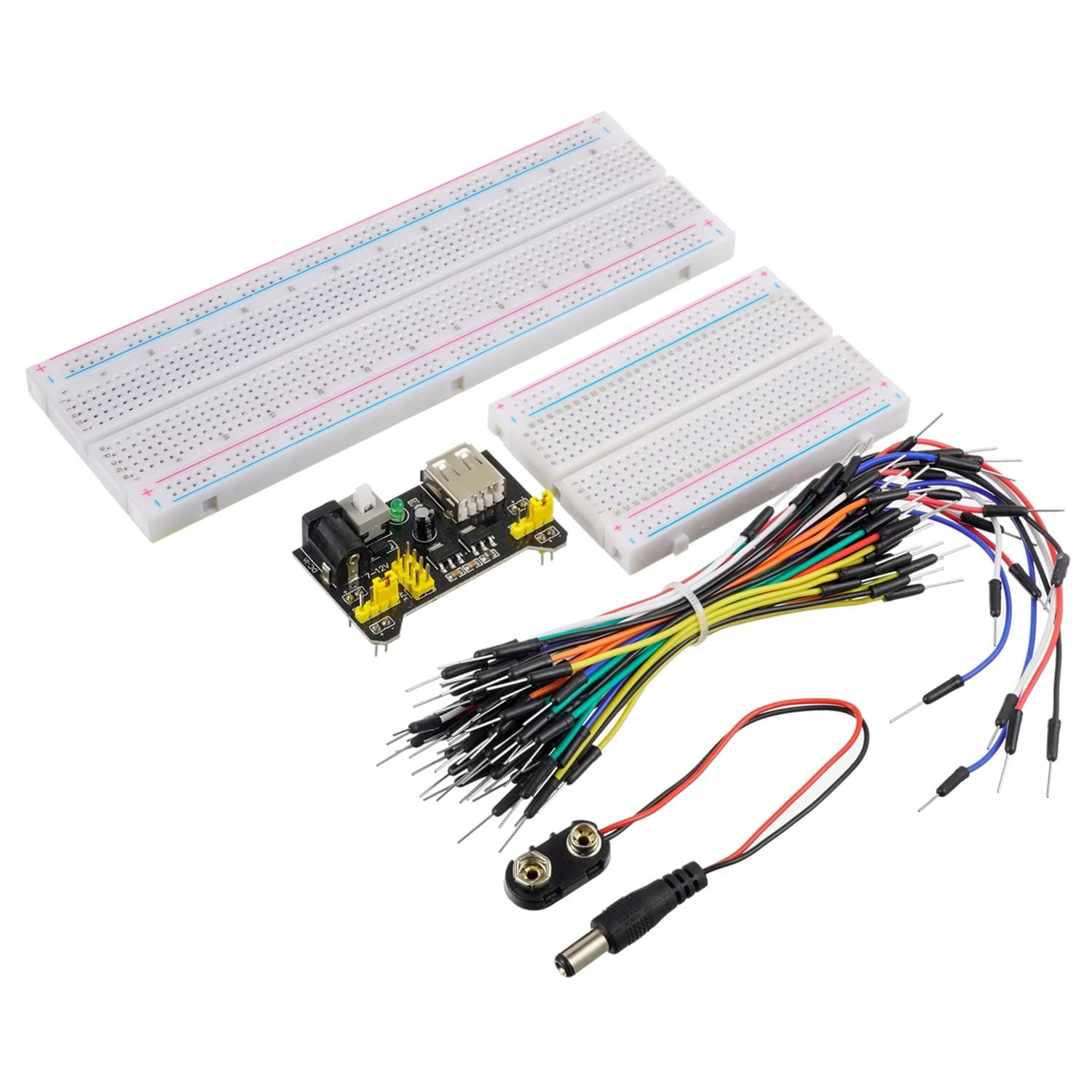 Breadboard kit with power module, jumper wires, battery clip, 830 and 400 point breadboards