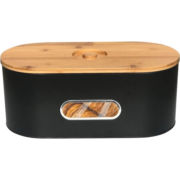 Breadbox Bin with Bamboo Lid&Window Modern Metal Box Bread Storage Container for Kitchen Counter Vintage Kitchen Black bread box