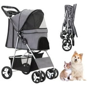 Breadeep 4 Wheel Pet Dog Stroller, Foldable Carrier for Dogs Cats, Detachable Baby Stroller Dog Pull Cart Double Layer Lightweight Shock Absorption Waterproof with Storage Basket and Cup Holder, Gray
