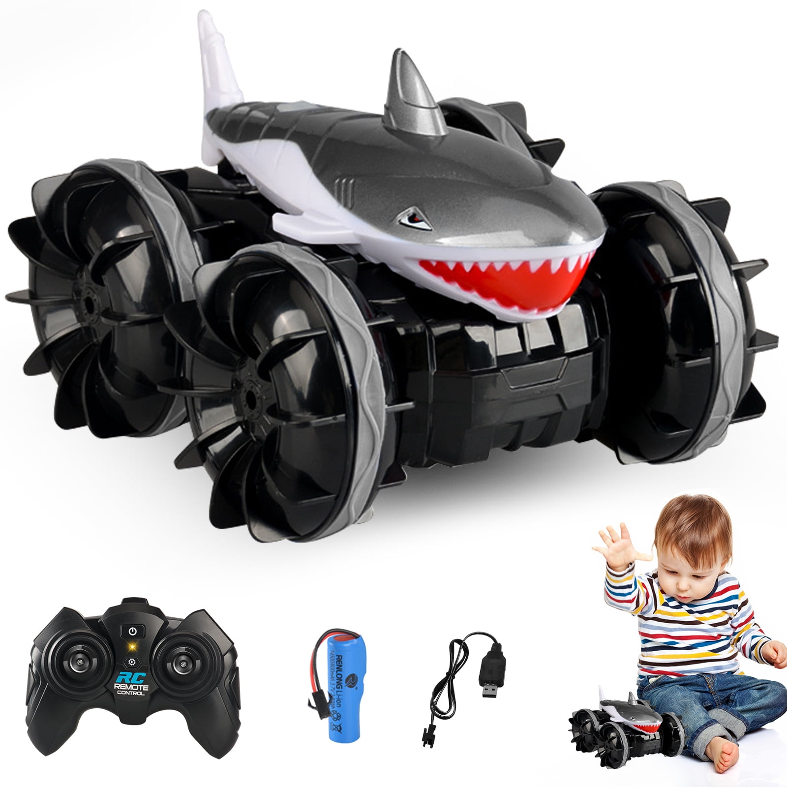 Breadeep Amphibious Remote Control Shark Car, 2.4 GHz Remote Control Waterproof RC Stunt Car