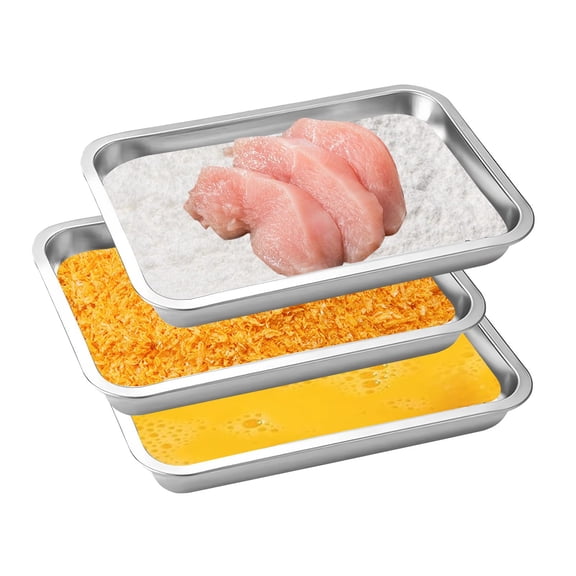 Breading Trays Set Of 3 Stainless Steel Pans For Dredging Chicken Breasts And Marinating Meat  Food Prep Serving (12.4" X 8.5" 1.9")