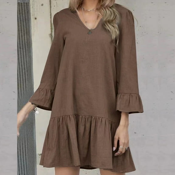 Breaise Cotton Linen Dresses for Women V Neck Bell Sleeve Ruffle Tiered Mini Dresses 3/4 Sleeve Solid Loose Fit Pleated Dresses Flowy Summer Casual Work Dresses Brown XXXL