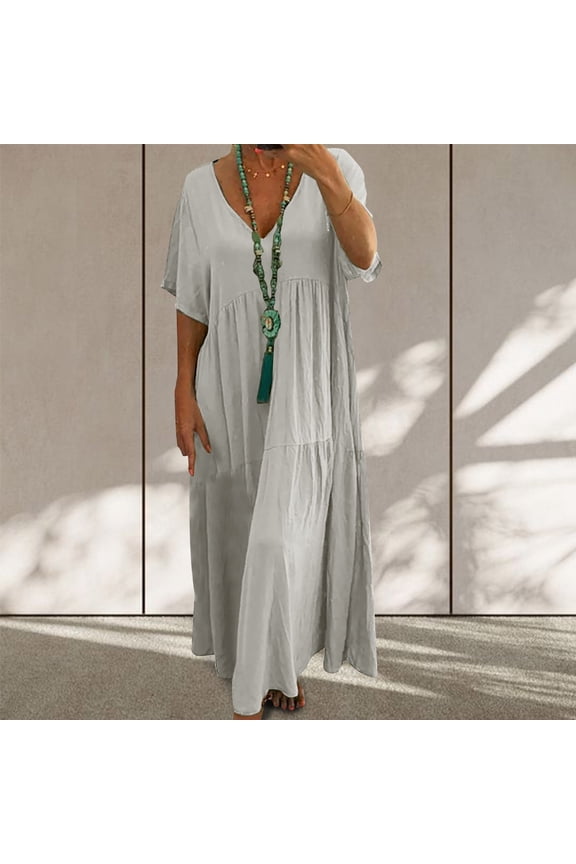 Cotton Linen Dresses for Women Sexy V Neck Short Sleeve Tiered Dresses Solid Loose Fit Maxi Dresses Lightweight Summer Long Dresses Gray XXL