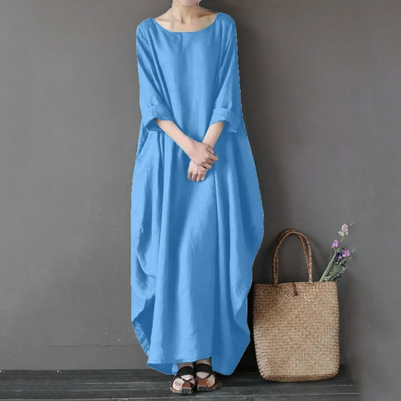 Breaise Cotton Linen Maxi Dresses for Women Plus Size Loose Fit Crew Neck Long Sleeve Shirts Dresses Basic Solid Long Dresses Flowy Summer Work Dresses Sky Blue XXXL