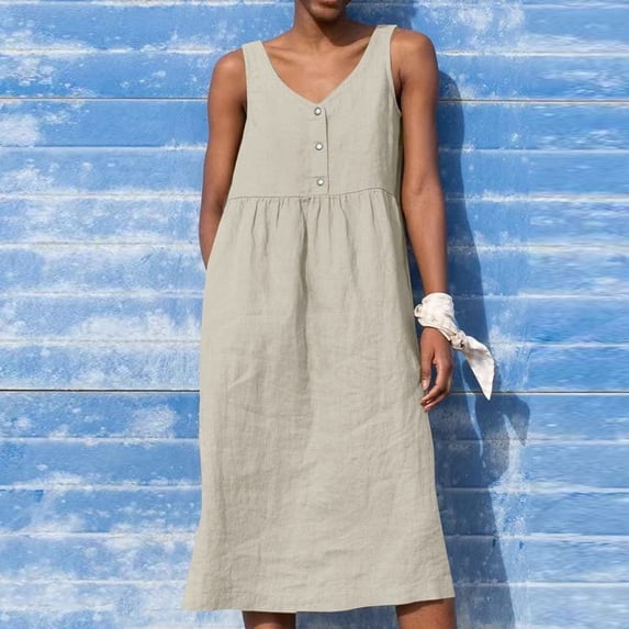Breaise Cotton Linen Sleeveless Dresses for Women 2024 Sexy V Neck Button Up Dresses Solid Loose Fit Midi Dresses Casual Summer Beach Dresses Beige XXL