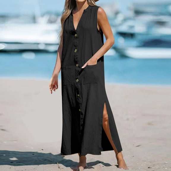 Breaise Cotton Linen Sleeveless Dresses for Women Loose Fit V Neck Button Down Maxi Dresses Side Slit Solid Sundresses Swing Casual Ankle-Length Dresses Black XL