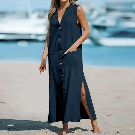 Breaise Cotton Linen Sleeveless Dresses for Women Loose Fit V Neck Button Down Maxi Dresses Side Slit Solid Sundresses Swing Casual Ankle-Length Dresses Navy XXL