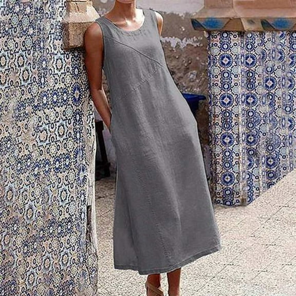 Breaise Cotton Linen Sleeveless Dresses for Women Plus Size Loose Fit Crew Neck Maxi Dresses Solid Swing Summer Work Dresses Tank Dresses with Pockets Gray XXXL
