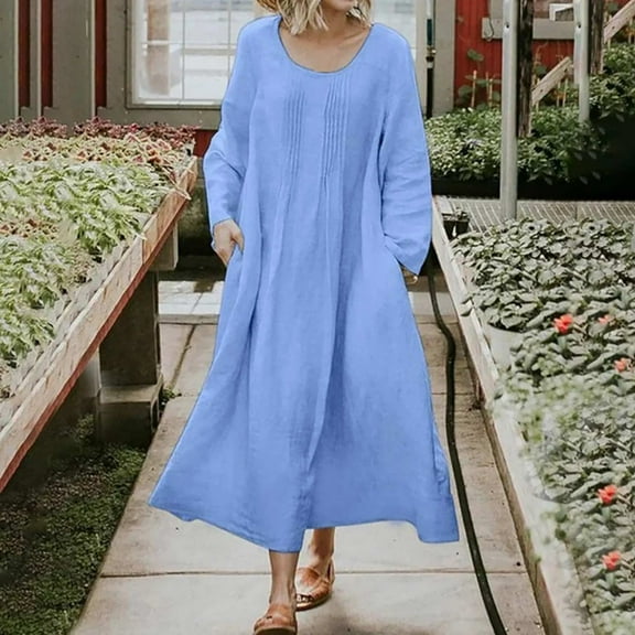 Breaise Plus Size Dresses for Women 2024 Summer Dresses Solid Scoop Neck Long Sleeve Shirts Dresses Basic Loose Fit Pockets Maxi Dresses Flowy Spring Summer Work Dresses Blue XXL