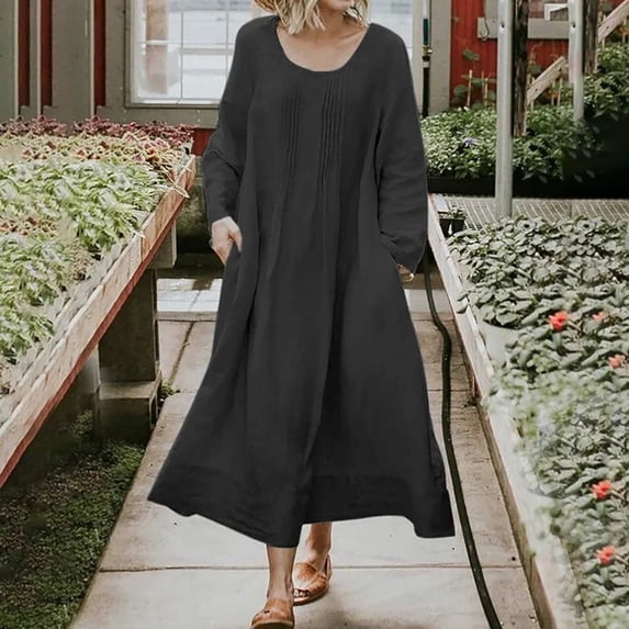 Breaise Plus Size Dresses for Women 2024 Summer Dresses Solid Scoop Neck Long Sleeve Shirts Dresses Basic Loose Fit Pockets Maxi Dresses Flowy Spring Summer Work Dresses Black XXXL