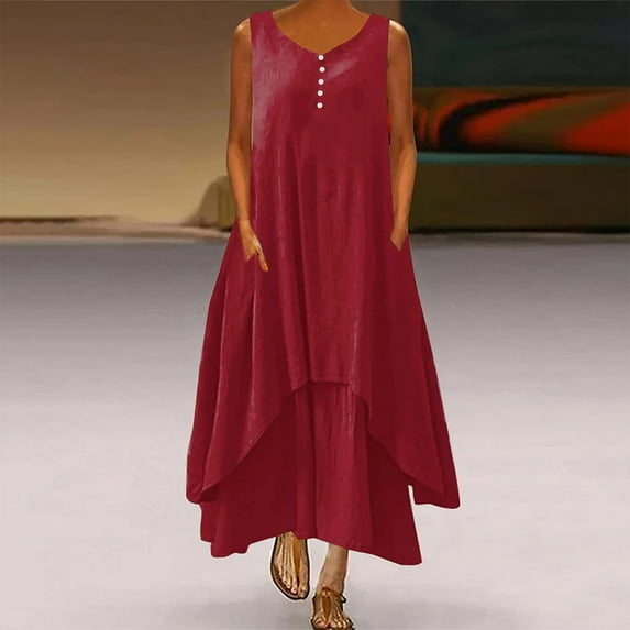 Breaise Women Cotton Linen Dresses Summer Sleeveless Scooop Neck Button Up Sundresses Plus Size Solid Double Swing Tank Dresses Tiered Flowy Long Maxi Dress with Pockets Red M
