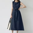 thumbnail image 1 of Breaise Women's Casual Summer Sleeveless Dresses Solid Cotton Linen Midi Dresses Drawstring Waisted Crew Neck Dresses Loose Fit Casual Long Sundresses Dark Blue M, 1 of 6