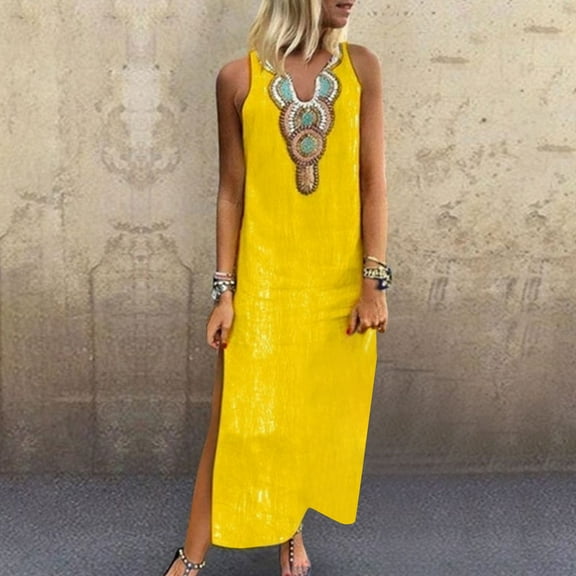 Breaise Women's Cotton Linen Dresses Plus Size Sleeveless V Neck Sundresses Side Slit Loose Fit Casual Maxi Dresses Trendy Print Beach Dresses Tank Dresses Yellow XXXL