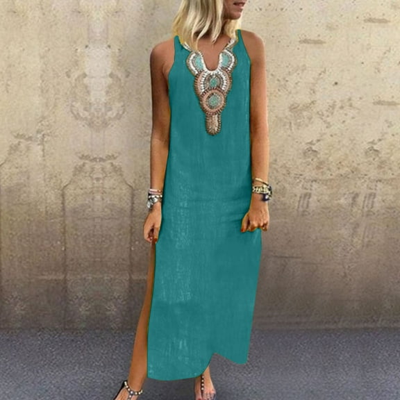 Breaise Women's Cotton Linen Dresses Plus Size Sleeveless V Neck Sundresses Side Slit Loose Fit Casual Maxi Dresses Trendy Print Beach Dresses Tank Dresses Green XXXL
