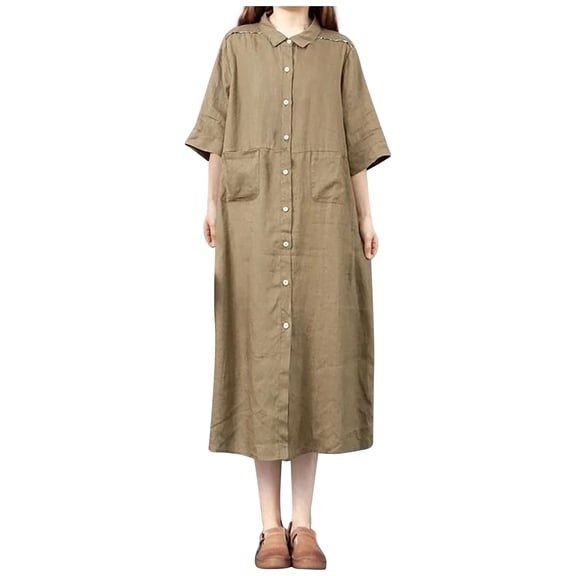 Breaise Women's Cotton Linen Shirt Dresses Loose Fit Lapel Collar Short Sleeve Button Down T-Shirts Dresses Solid Casual Midi Dresses with Pockets Green XL