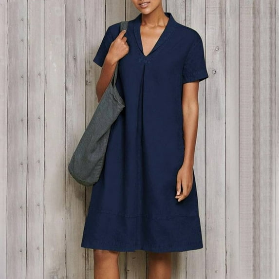 Breaise Womens Cotton Linen V Neck Dresses Solid Short Sleeve Lapel Collar Knee Length Dresses Dressy Casual Loose Mini Dresses Flowy Summer Work Dresses Plus Size Dark Blue L