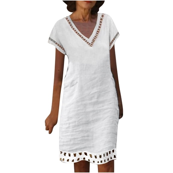 Breaise Womens Cotton Linen V Neck Dresses Solid Short Sleeve Patchwork Lace Trim Knee Length Dresses Casual Loose Midi Dresses Comfy Summer Work Dresses White XXL