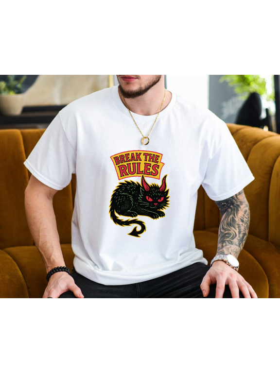 Break The Rules Devil Cat Rebel Punk Rock Unisex T-Shirt, up to size 3XL.