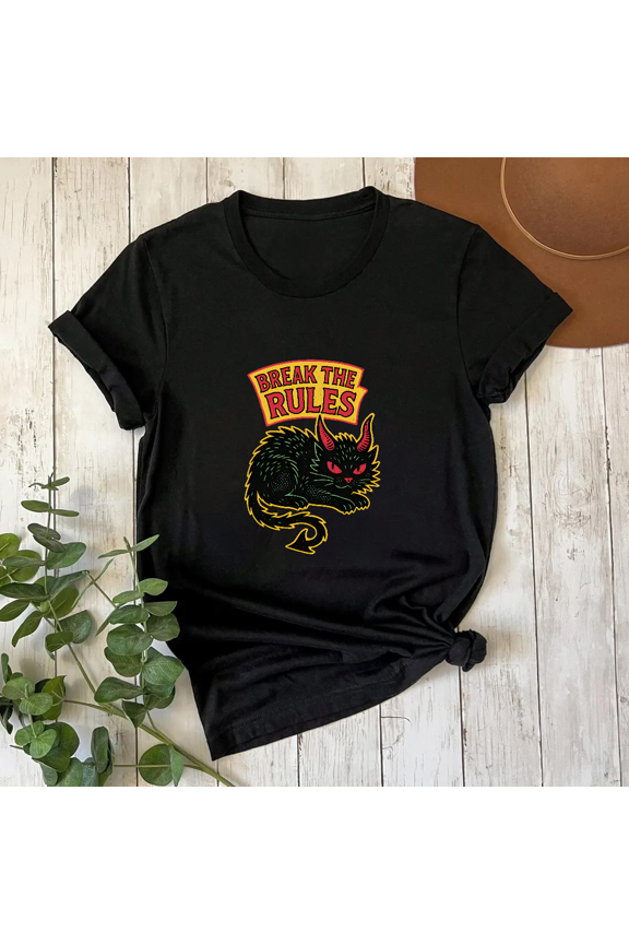 Break The Rules Devil Cat Rebel Retro Aesthetic Punk Rock Style Graphic Unisex T-shirt. V90059 up to size 5XL