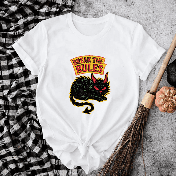 Break The Rules Devil Cat Rebel Retro Aesthetic Punk Rock Style Graphic Unisex T-shirt. V90059 up to size 5XL