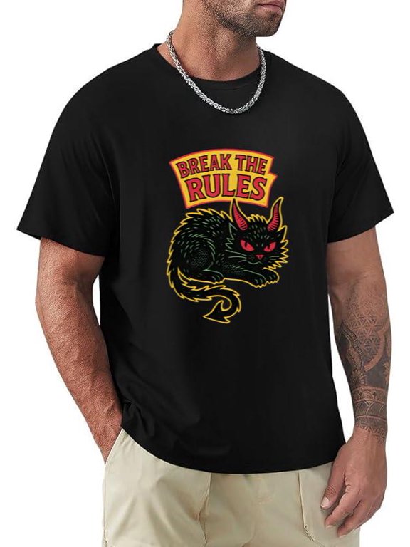 Break The Rules Devil Cat Rebel Retro Punk Rock Aesthetic T-shirt, for men & women, up to size 5XL.