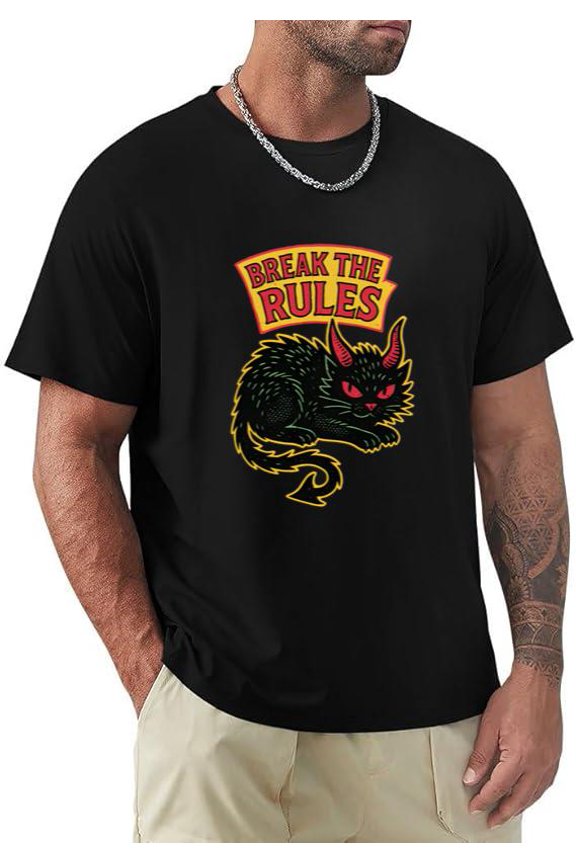 Break The Rules Devil Cat Rebel Retro Punk Rock Aesthetic T-shirt, for men & women, up to size 5XL.