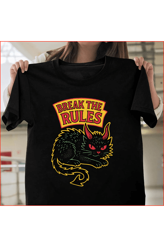 Break the Rules Devil Cat Rebel Aesthetic Retro Punk Rock Graphic H361 V90059 Unisex T-Shirt, Up to Size 5XL