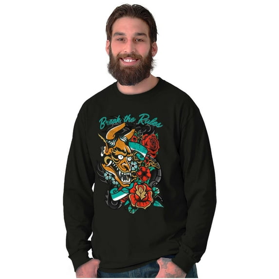 Break the Rules Japanese Mask Tattoo Plus Size Long Sleeve Graphic Tee Shirt Brisco Brands 2X