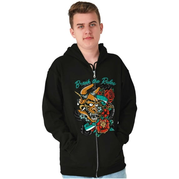 Break the Rules Japanese Mask Tattoo Unisex Fleece Graphic Zip Up Hoodie Brisco Brands 2X