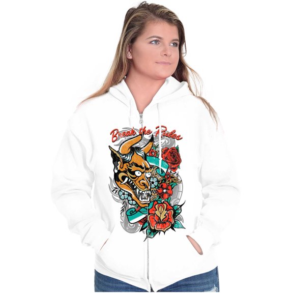 Break the Rules Japanese Mask Tattoo Zip Up Hoodie Men's Women's Brisco Brands L