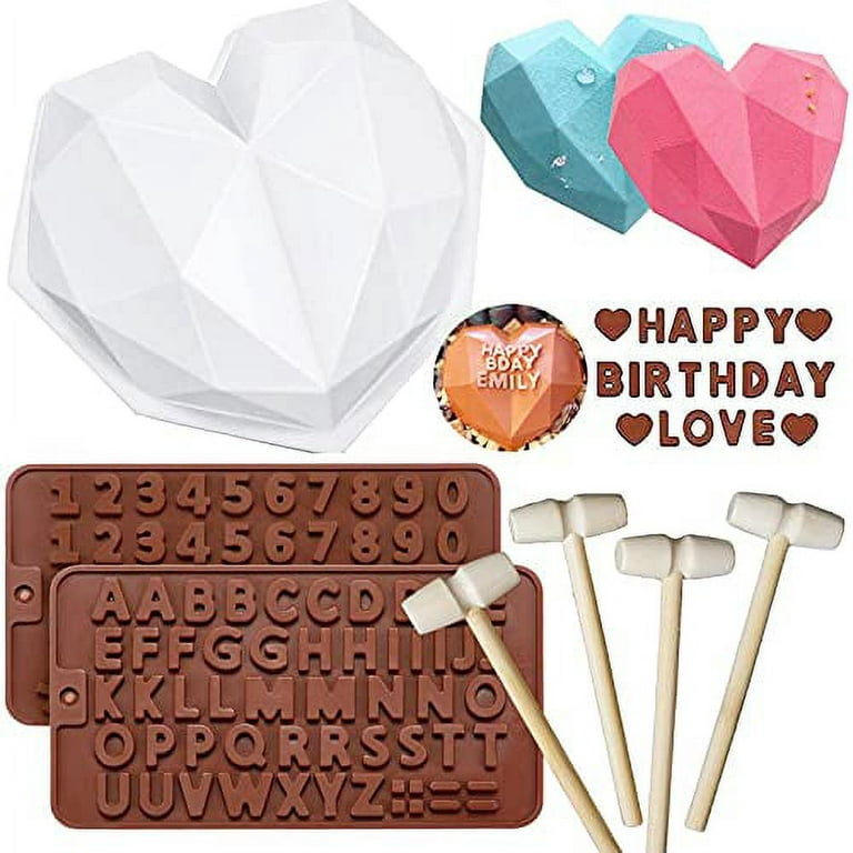 Heart Molds for Chocolate 8.7 Inch large Silicone Cake Mold, 2 PC Silicone  Letter Mold and 4 PC Hammer for Valentine Candy Mousse 