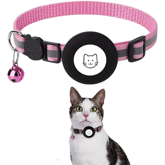 Breakaway Airtag Cat Collar, Reflective Apple Air Tag Cat Collar with Bell and Waterproof Airtag Holder Case, GPS Pet Tracker Collar for Girl Boy Cats, Kittens, Puppies (Pink)