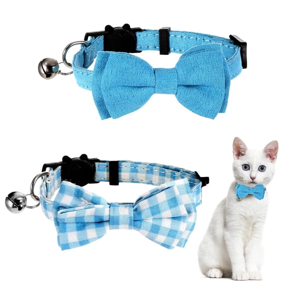 Breakaway Cat Collar with Bell, Adjustable Kitten Collar for Small Pets, Safety Bow Tie Collar for Cats Puppies Rabbits, Soft Plaid and Solid Color Design, Perfect for Daily Wear Parties Photos, Blue