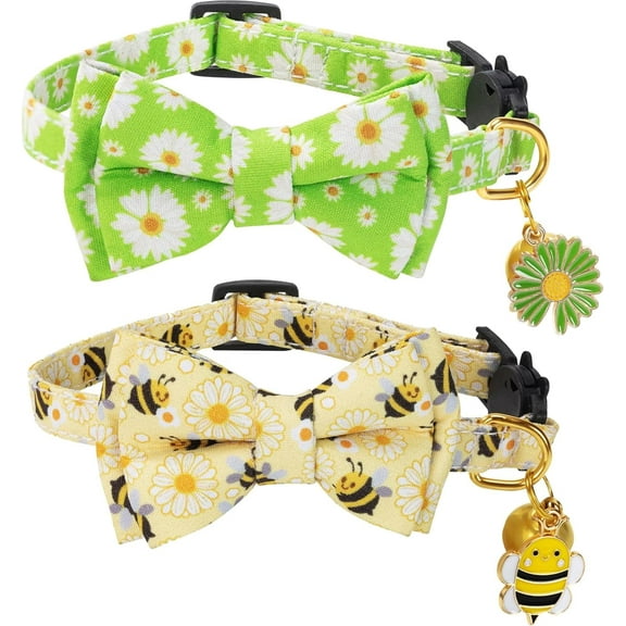 Breakaway Cat Collar with Cute Bow Tie Bell 2Pack Daisy Bee Cat Collar for Male Female Soft Cotton Kitty Kitten Collar Cute Cat Collar Ideal for Girl Cats Boy Male Cats