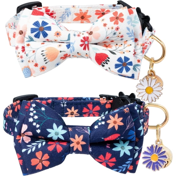 Breakaway Cat Collar with Cute Bow Tie Bell 2Pack Summer Collars for Male Female Soft Cotton Kitty Kitten Collar Cute Cat Collars Ideal for Girl Cats Boy Male Cats