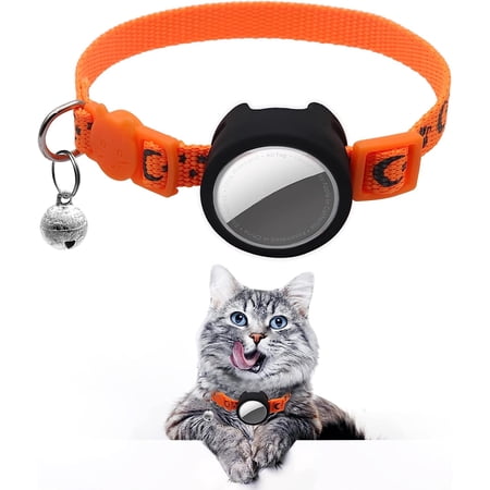 Breakaway Cat Collar with Airtag Holder and Bell, Reflective Cat Airtag Collar for Apple Air Tag, Pet Collar for Small Cat or Small Dog (Orange)